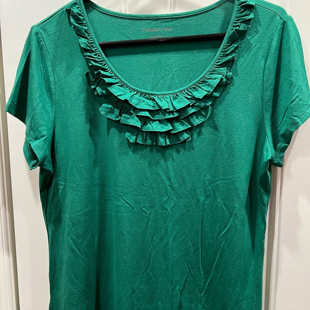 Coldwater Creek Green Ruffle Neckline Top Sz M 10-12